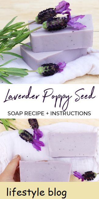 Receita de Poppy Seed & Lavender Soap: um toque moderno na clássica lavanda com uma nota de base terrosa e decorada com flores secas e sementes de papoula. Inclui instruções completas de DIY #lovelygreens #soapmaking #soaprecipe
