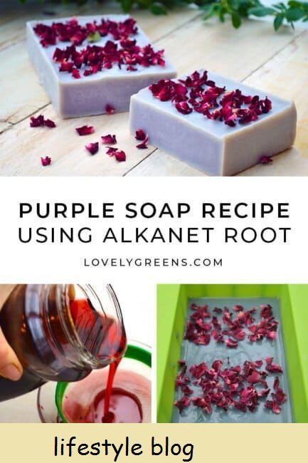 Lær hvordan du lager naturlig lilla såpe med med alkanetrot, duftende eterisk olje og organiske rosenblad til dekorasjon #såprecept #såpemakning